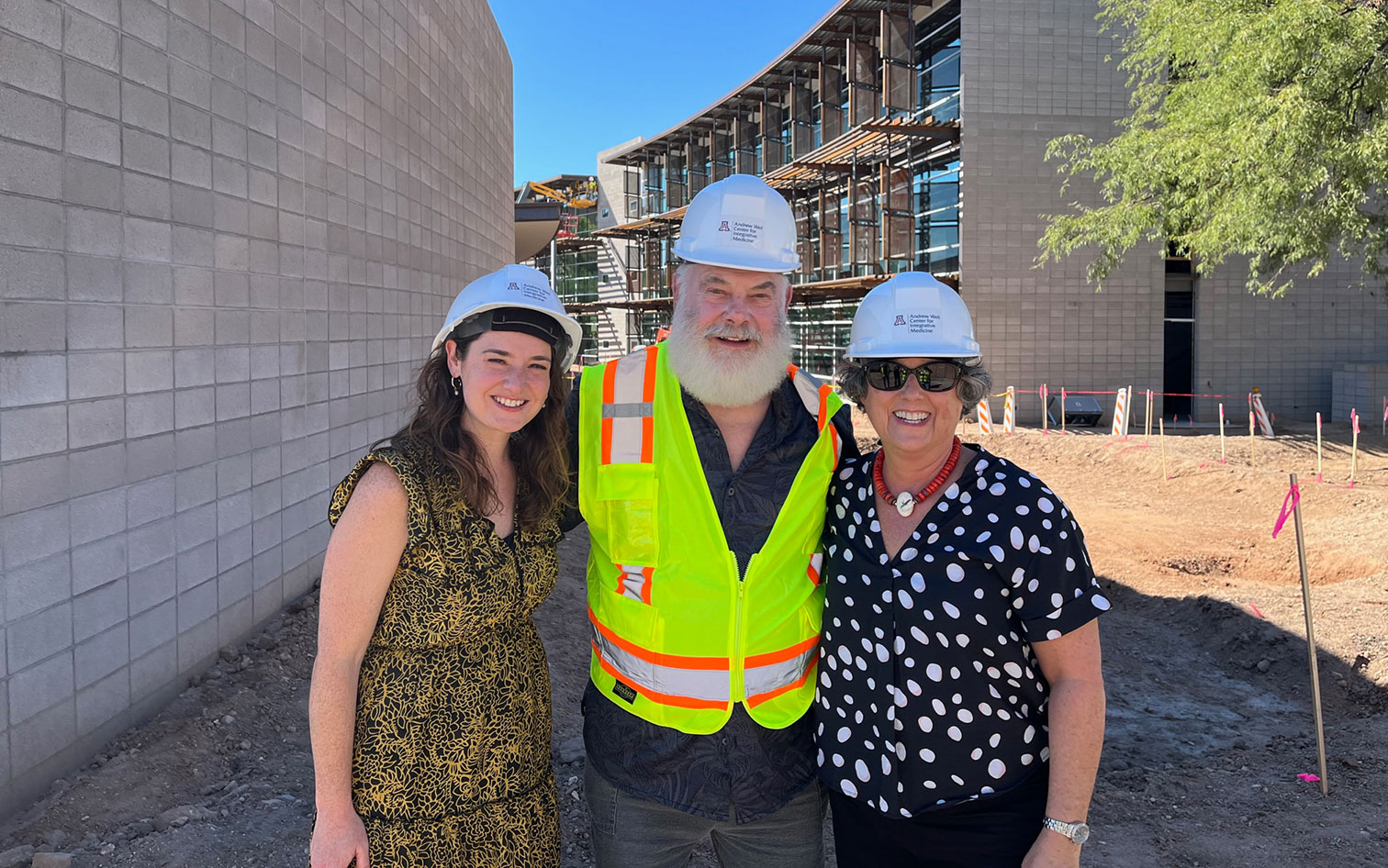 Dr. Sternberg with Dr. Andrew Weil and Mirelle Phillips, CEO of Studio Elsewhere, visiting construction site of the new Andrew Weil Center for Integrative Medicine building complex at the University of Arizona, Tucson.